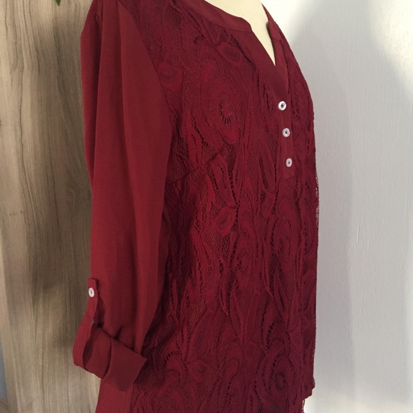Maroon Lace Sheer Long Sleeve Blouse Button Detail - Picture 6 of 6